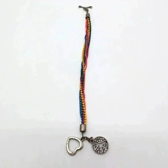 Rainbow Beaded Heart and Peace Sign Bracelet - Picture 1 of 5